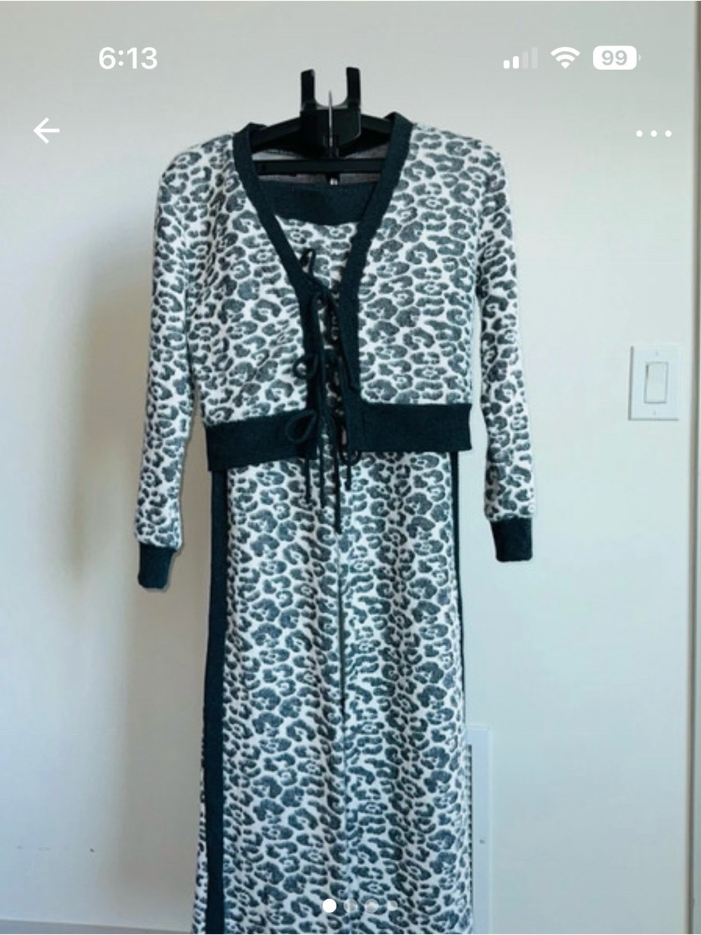 Womens Black and White Leopard Print Knit Pants with Cropped Cardigan 2 pieces